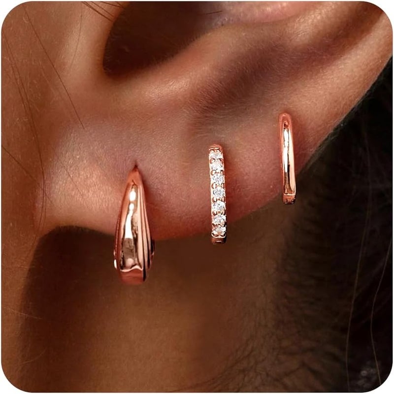 Poxtex Small Sterling Silver Huggie Hoop Earrings Set for Women, Hypoallergenic 14K Gold Plated Hoops Stacks for Multiple Piercings, Dainty Cute Mini Lightweight Cartilage Studs Trendy Jewelry Gift - Image 1